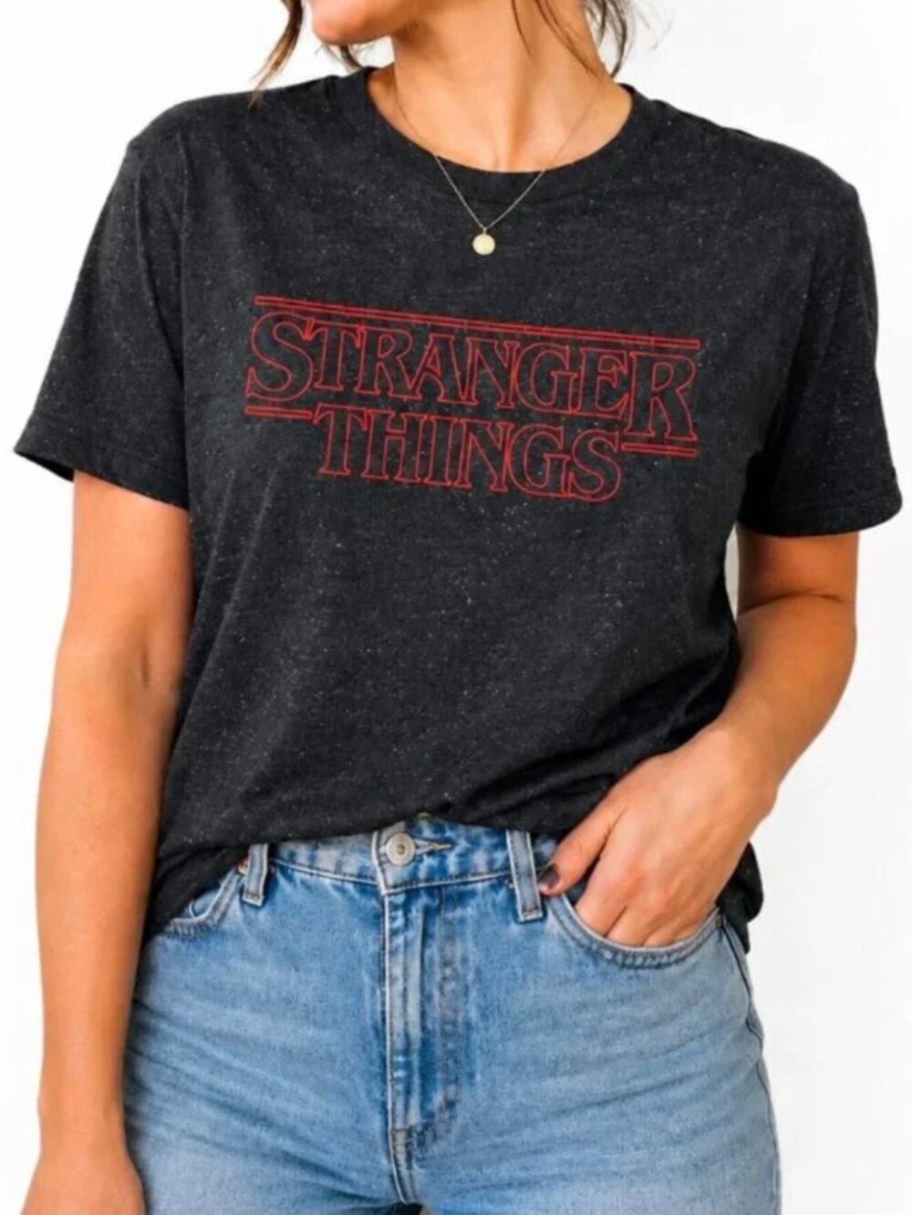 Official Stranger Things Netflix Graphic Tee Dark Gray Speckled T-Shirt Women M